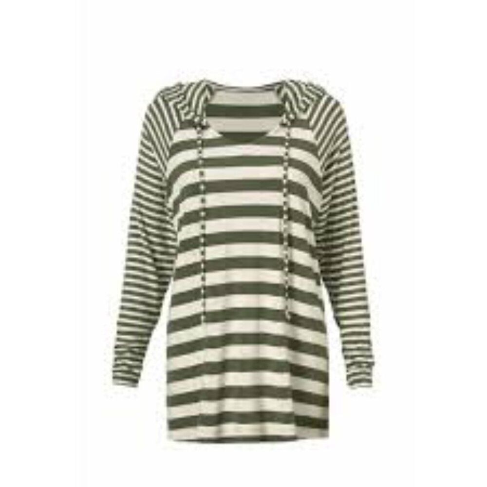 Cabi Oatmeal/Olive Striped Playoff Hoodie Long Sleeved Top Shirt #3995 Size Med